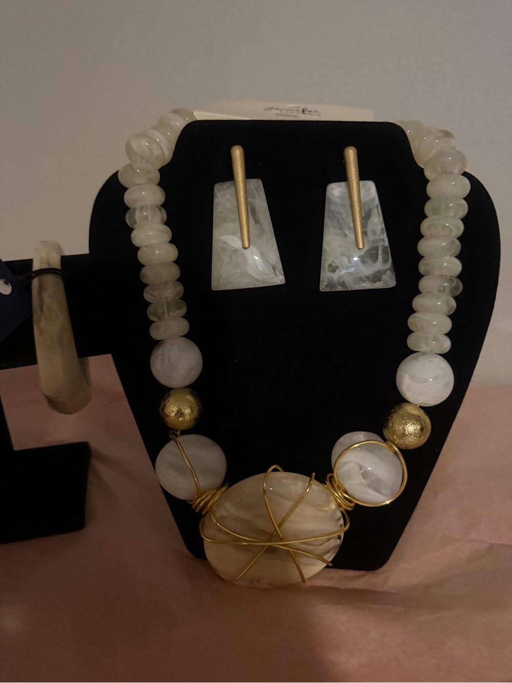 White Stone Pendant Necklace and Earring Set with Gold Accents and bracelet